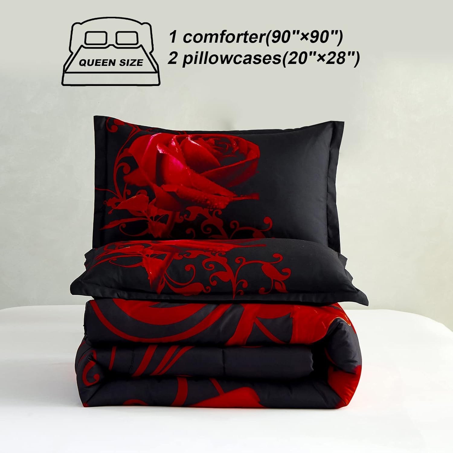 WONGS BEDDING Red Comforter Set Queen Reversible Red Rose Pattern Printed Bedding Down Comforter with 2 Pillowcases for All Seasons, Soft Microfiber Lightweight Bedding Set 90"x90" - Image 6
