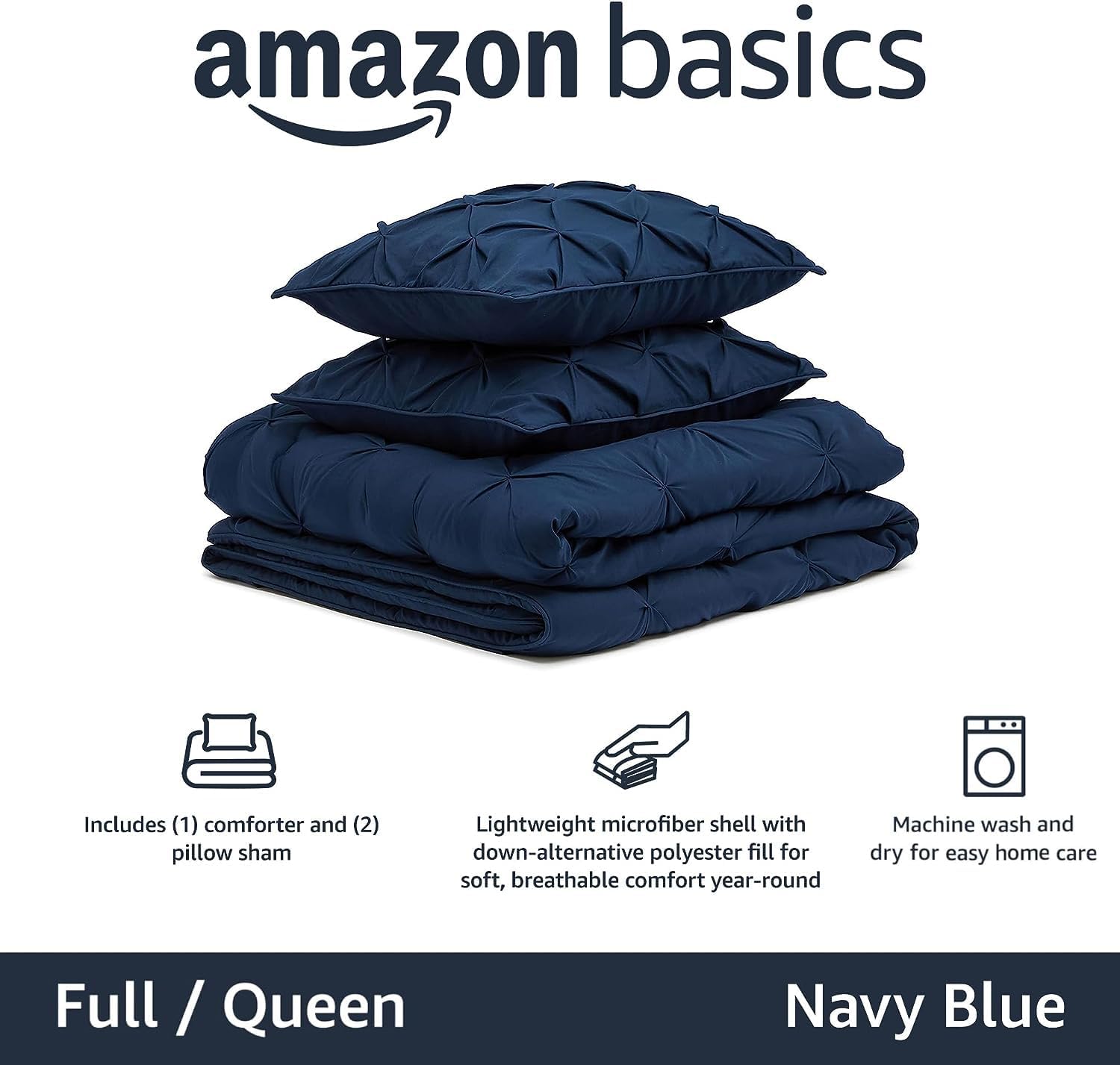 Amazon Basics Soft, Warm Down Alternative Queen Size Comforter Set, All-Season 3-Piece Bedding with Breathable Microfiber, Pinch Pleat Design, Full/Queen, Navy Blue - Image 2