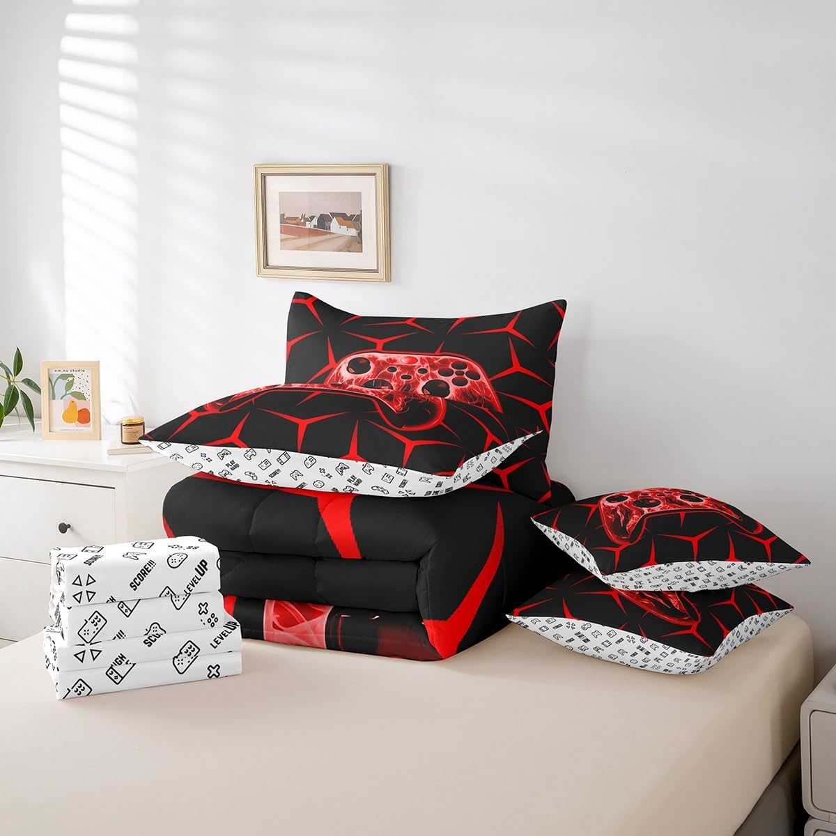 Feelyou Gamer Bedding Set Gamepad Comforter Set with Sheets 7 Piece for Boys Gaming Gifts Bed in a Bag Full Game Controller Red Bed Set with Comforter,Sheets,Cushion Covers - Image 6