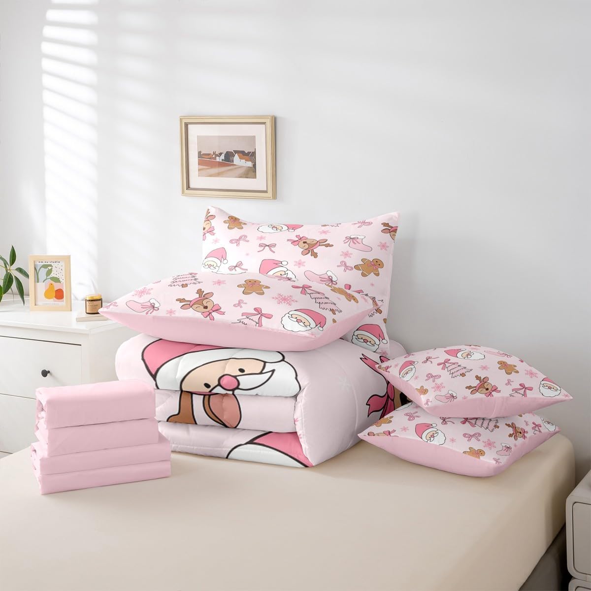 Pink Christmas 7 Piece Bedding Set Full Size Merry Christmas Snowman Bed in a Bag for Boys Girls Bedroom Decor Santa Claus Comforter Set with Sheets,Pillowcases & Cushion Cover Soft Xmas Tree Deer - Image 5