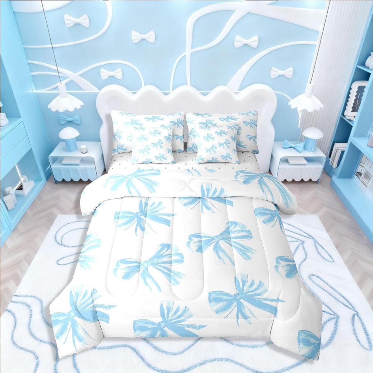 Erosebridal Kawaii Bowknot Girls Bed in A Bag with Sheets Dreamy Princess Style Twin Comforter Set 7 Piece for Kids Teen Women,Girly Cute Bow Bedding Set Pink Bow Tie Bed Set Bedroom Decor - Image 11