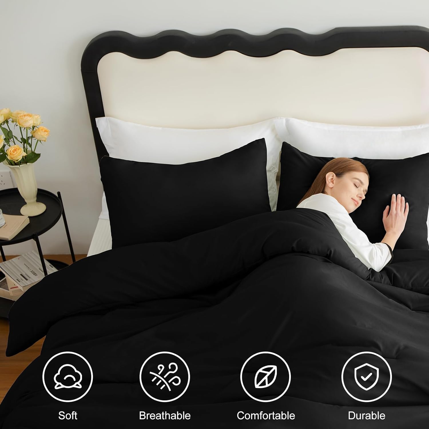 CozyLux Queen Comforter Set Black, 3 Pieces Solid Queen Comforter Breathable Quilted Style Bedding Sets, Luxury Soft Microfiber Down Alternative Comforter for All Season (1 Comforter & 2 Pillowcases) - Image 4