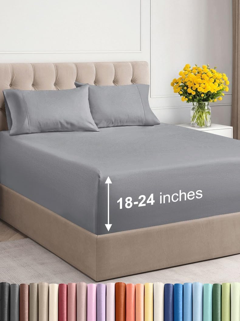 Extra Deep Cal King Sheet Set - 6 Piece Breathable & Cooling Sheets - Hotel Luxury Bed Sheets Set - Easy & Secure Fit - Soft, Wrinkle Free & Comfy Sheets Set - Grey Sheet Set with Extra Deep Pockets - Image 11