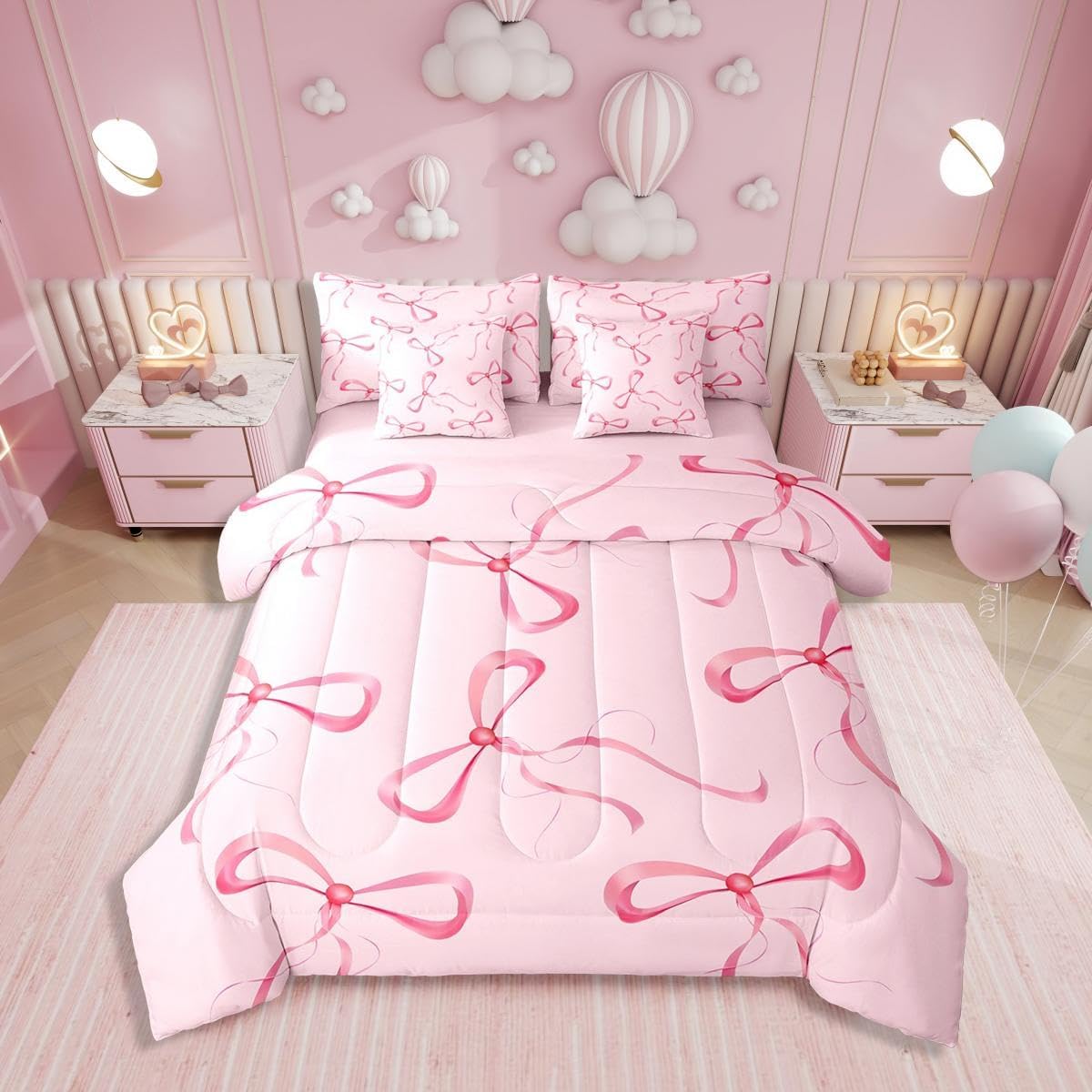 Erosebridal Kawaii Bowknot Girls Bed in A Bag with Sheets Dreamy Princess Style Twin Comforter Set 7 Piece for Kids Teen Women,Girly Cute Bow Bedding Set Pink Bow Tie Bed Set Bedroom Decor - Image 19
