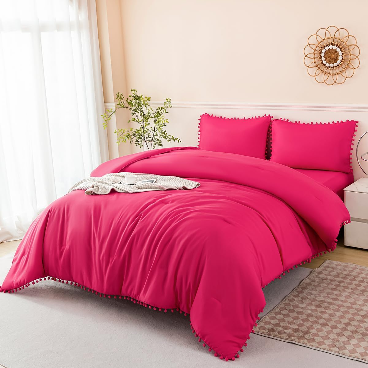 PERFEMET 5 Pcs Pink Pom Pom Comforter Twin Size Aesthetic Boho Pom Fringe Bedding Set with Sheet Ultra Soft Lightweight Farmhouse Bedding Quilt Set for Girls Kids(Pink, Twin) - Image 13