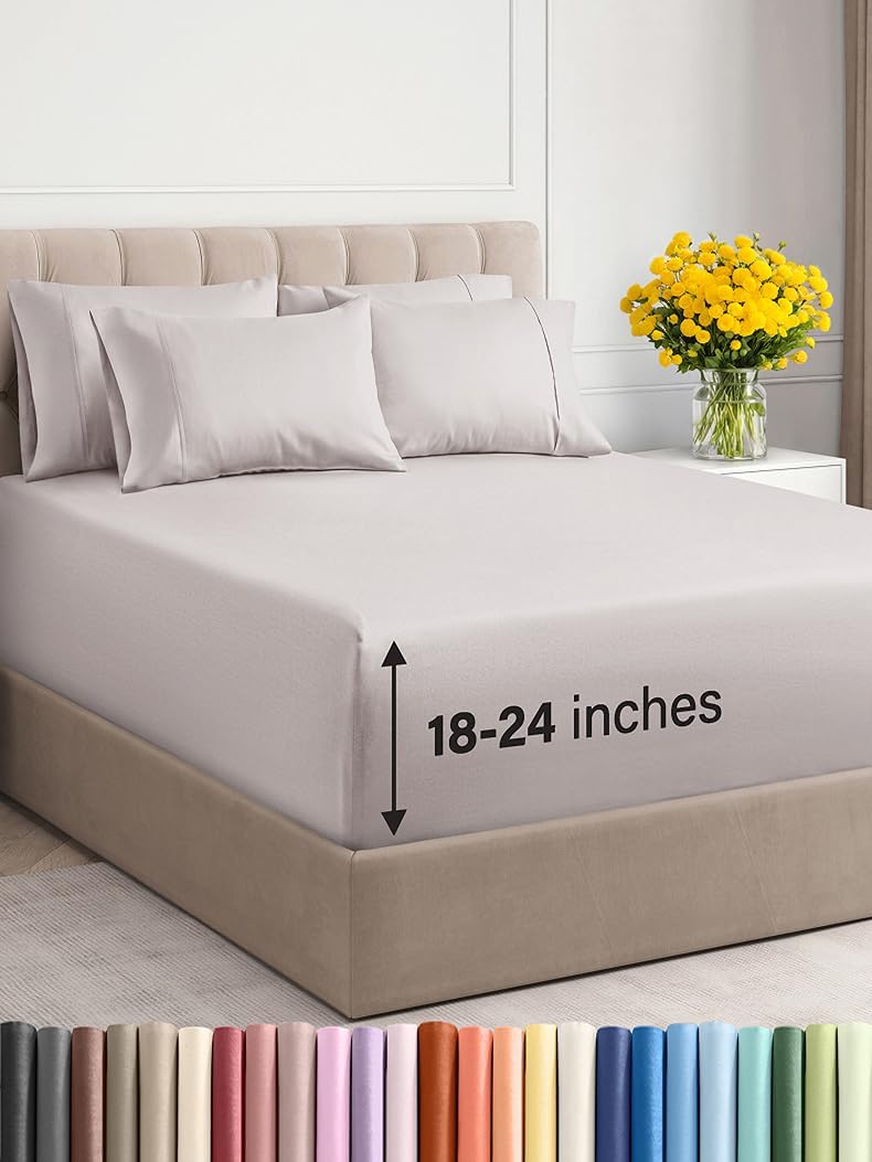 Extra Deep Cal King Sheet Set - 6 Piece Breathable & Cooling Sheets - Hotel Luxury Bed Sheets Set - Easy & Secure Fit - Soft, Wrinkle Free & Comfy Sheets Set - Grey Sheet Set with Extra Deep Pockets - Image 56