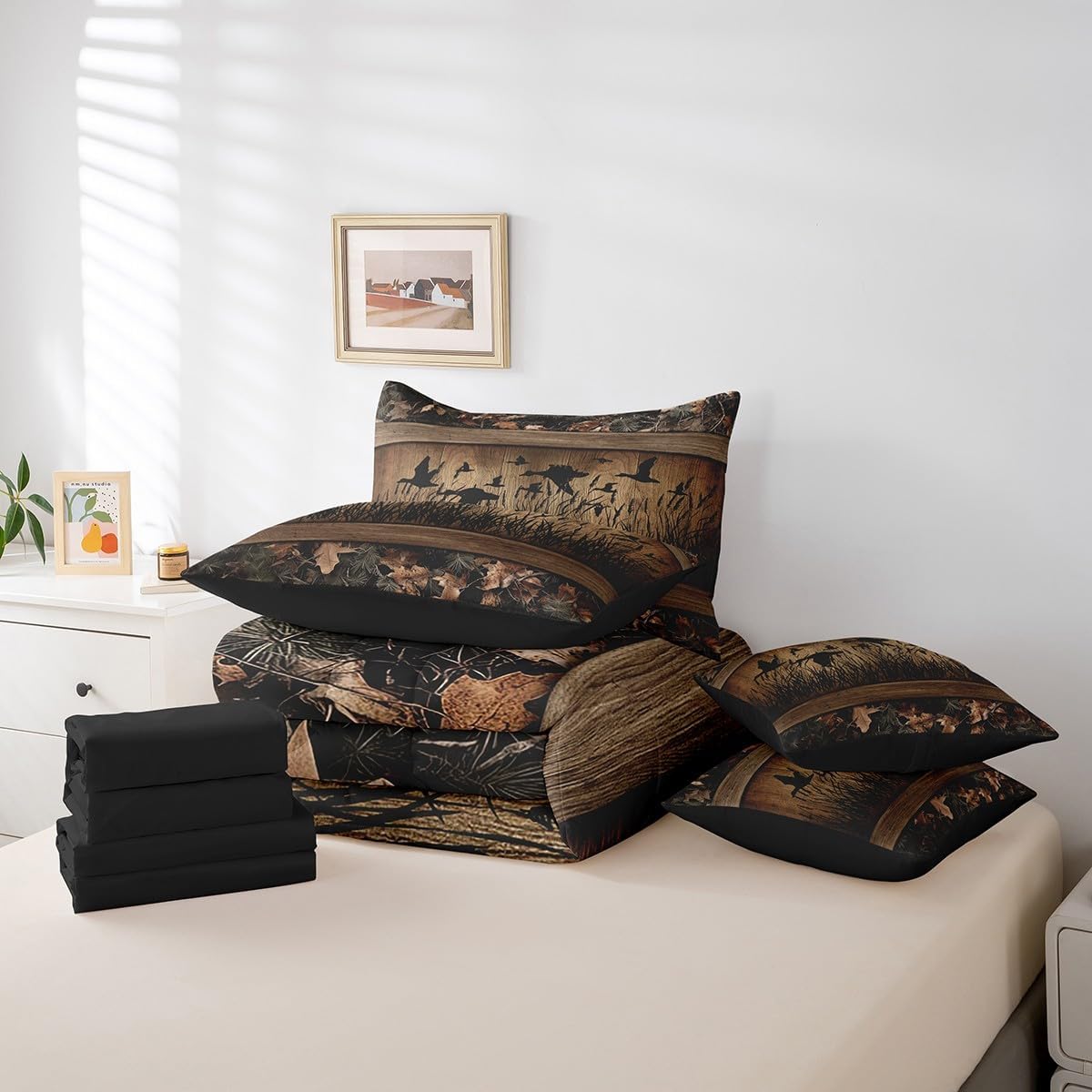 Erosebridal 7 Piece Camo Mallard Duck Comforter Set with Sheets for Kids Boys Men Rustic Farmhouse Cabin Bed in A Bag Queen,Hunting Woodland Duck Bedding Set Country Wood Board Animal Bed Set - Image 6