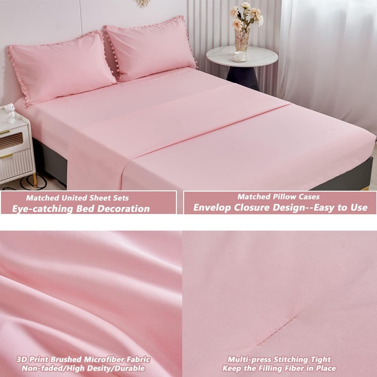 PERFEMET 5 Pcs Pink Pom Pom Comforter Twin Size Aesthetic Boho Pom Fringe Bedding Set with Sheet Ultra Soft Lightweight Farmhouse Bedding Quilt Set for Girls Kids(Pink, Twin) - Image 6