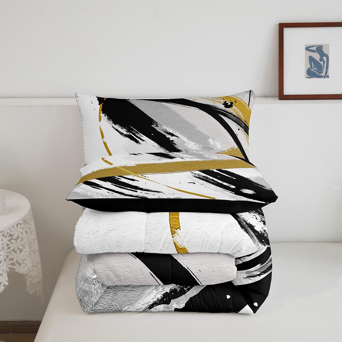 Erosebridal Black Grey Gold Comforter Set Queen Brush Strokes Oil Painting Bedding Set, Gradient Abstract Vintage Bedding Comforter Sets Ombre Graffiti Duvet Set, Contemporary Modern Quilted Comforter - Image 5
