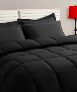 TAIMIT Queen Size Comforter Set - 7 Pieces, Bed in a Bag Bedding Sets with All Season Soft Quilted Warm Fluffy Reversible Comforter,Flat Sheet,Fitted Sheet,2 Pillow Shams,2 Pillowcases,Black