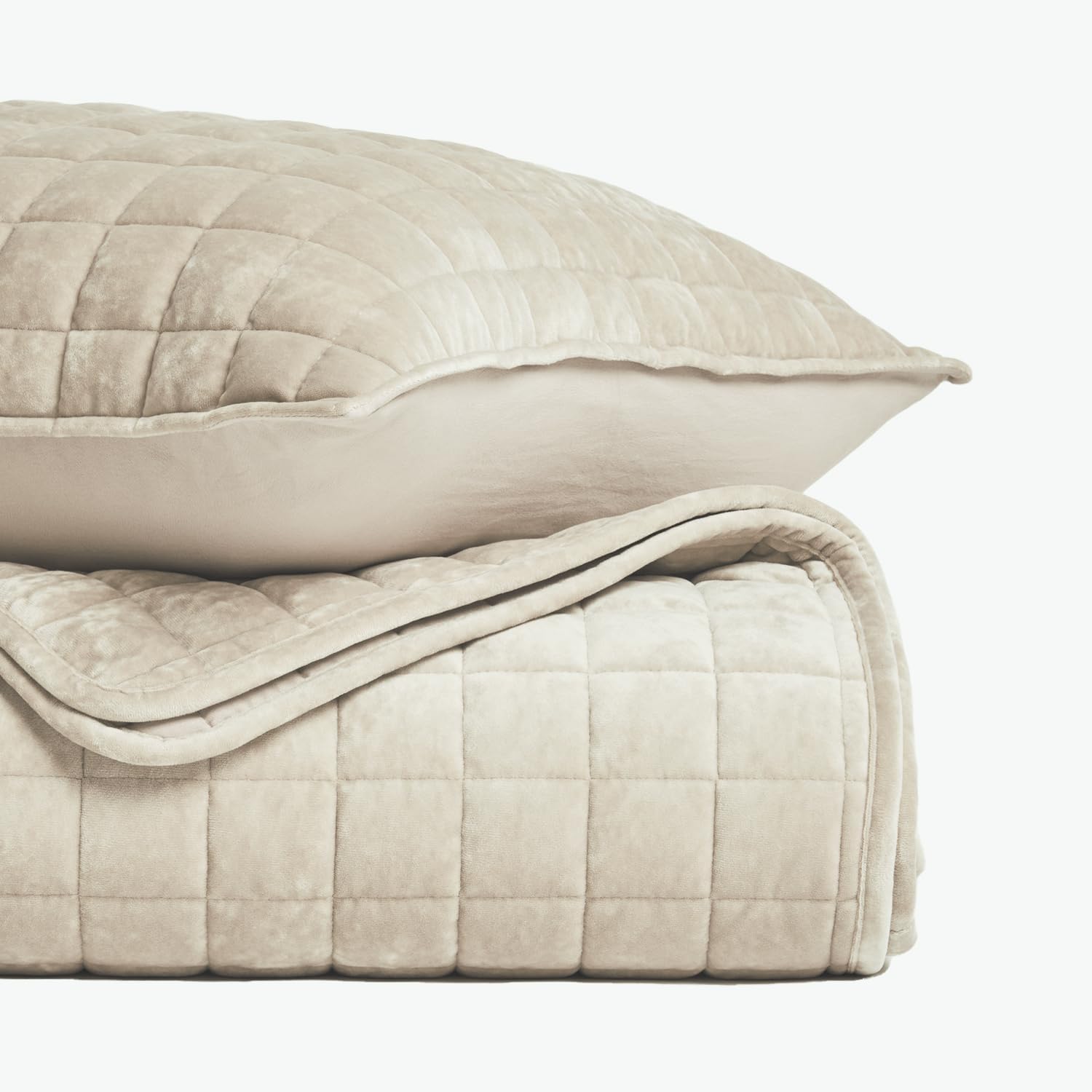 RECYCO Luxury Velvet Quilt Set King Size Bedding Sets, Ultra Soft Velvet Comforter Set, Lightweight Channel Box Stitch Oversized Bedspread Coverlet for All Season, with 2 Shams, Beige - Image 5