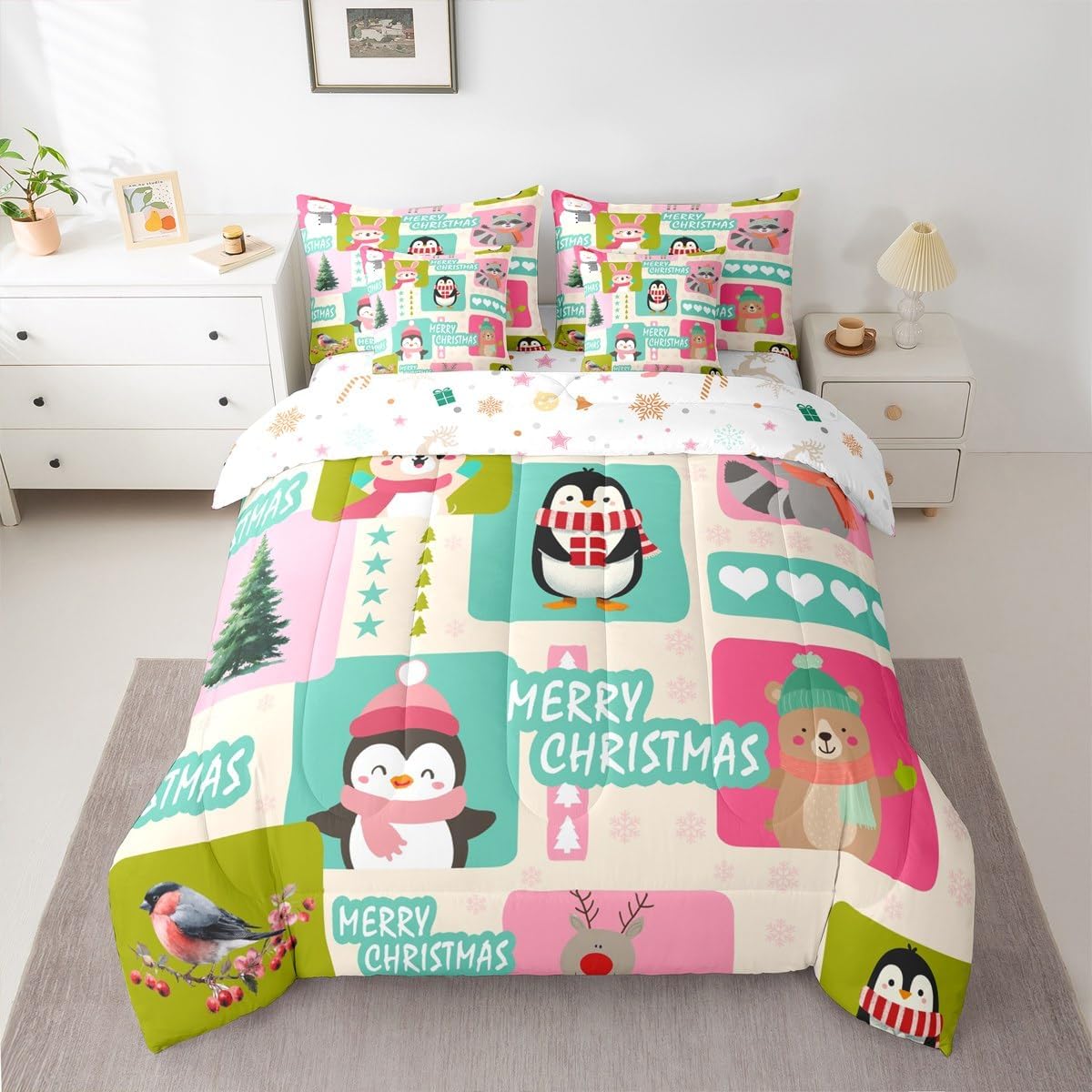 Pink Christmas 7 Piece Bedding Set Full Size Merry Christmas Snowman Bed in a Bag for Boys Girls Bedroom Decor Santa Claus Comforter Set with Sheets,Pillowcases & Cushion Cover Soft Xmas Tree Deer - Image 17