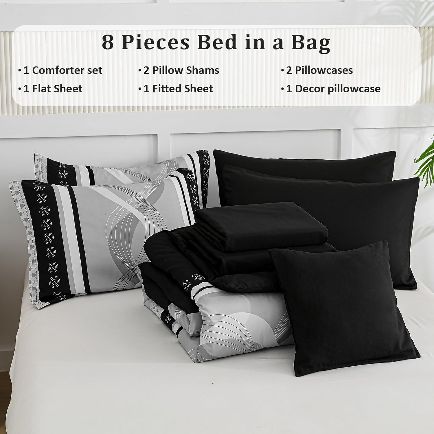 Anibedding Black Comforter Set Queen Size,8 Pieces Boho Bed in a Bag Patchwork Striped Comforter Set, Soft Microfiber Bedding Set for All Season(90"×90") - Image 6