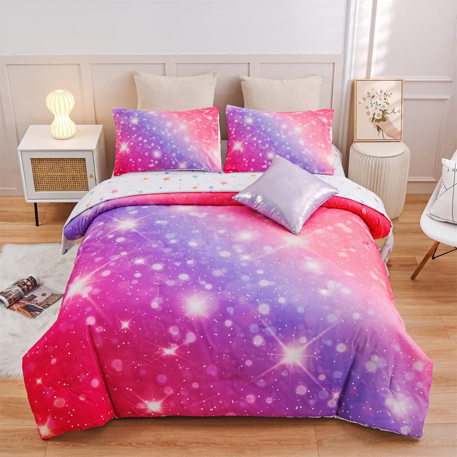 A Nice Night 6Pcs Gradient Glitter Bedding Set for Girls Full Size, Colorful Rainbow Galaxy Comforter Set, Ultra Soft Bedding Sets, Pink - Image 13