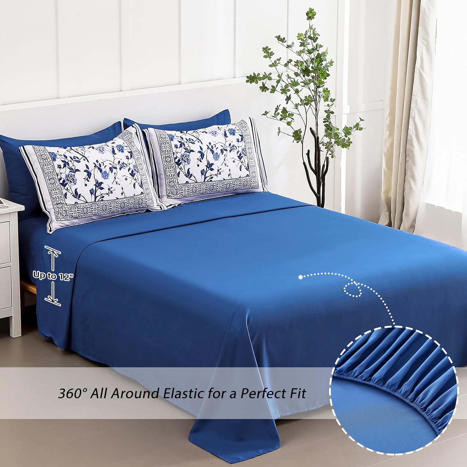 Dobuyly Floral Queen Comforter Set, 7 Piece Bed in a Bag Queen Size Blue Flowers on White Botanical Bedding Set, Soft Microfiber Bedding Comforter Sets with Sheets for All Season - Image 6