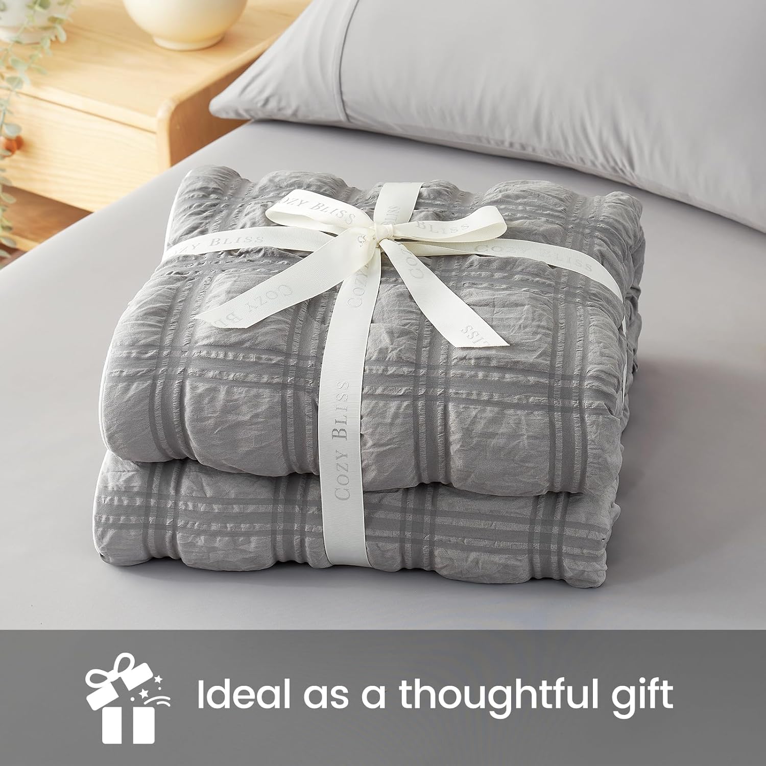 Cozy Bliss Cooling Comforter King Size Seersucker Plaid, Q-Max 0.4 Reversible Lightweight Cooling Blanket, Breathable Silk Smooth Summer Bedding Quilt for Hot Sleepers Night Sweats Dark Grey - Image 5