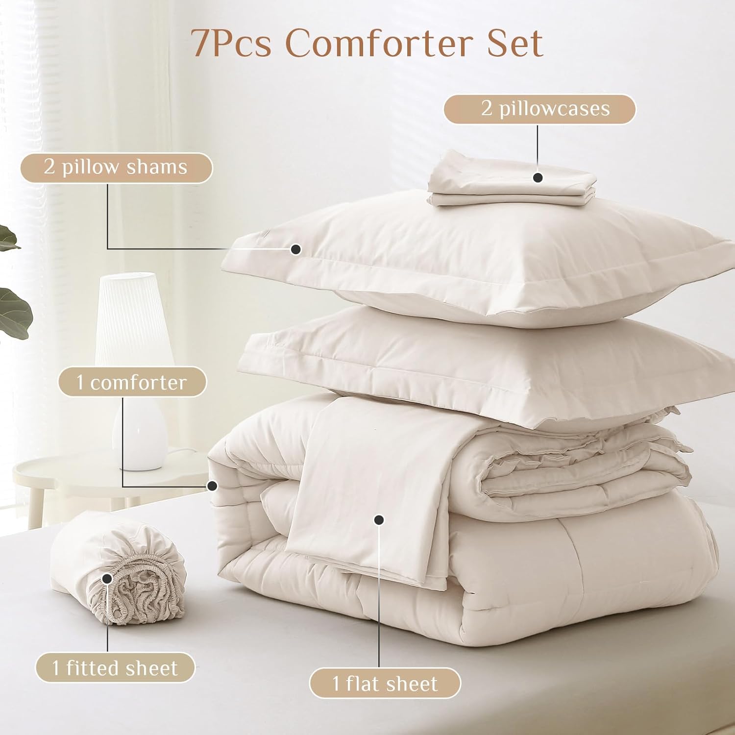 JOLLYVOGUE Queen Comforter Set, Ultra-Soft Bed in a Bag Queen Size 7 Pieces, Oeko-TEX Certified Bedding Set with Down Alternative Comforter, Sheets, Pillowcases & Shams, Beige - Image 5