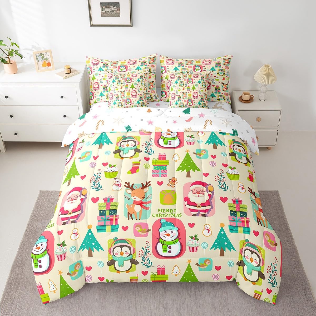 Pink Christmas 7 Piece Bedding Set Full Size Merry Christmas Snowman Bed in a Bag for Boys Girls Bedroom Decor Santa Claus Comforter Set with Sheets,Pillowcases & Cushion Cover Soft Xmas Tree Deer - Image 50