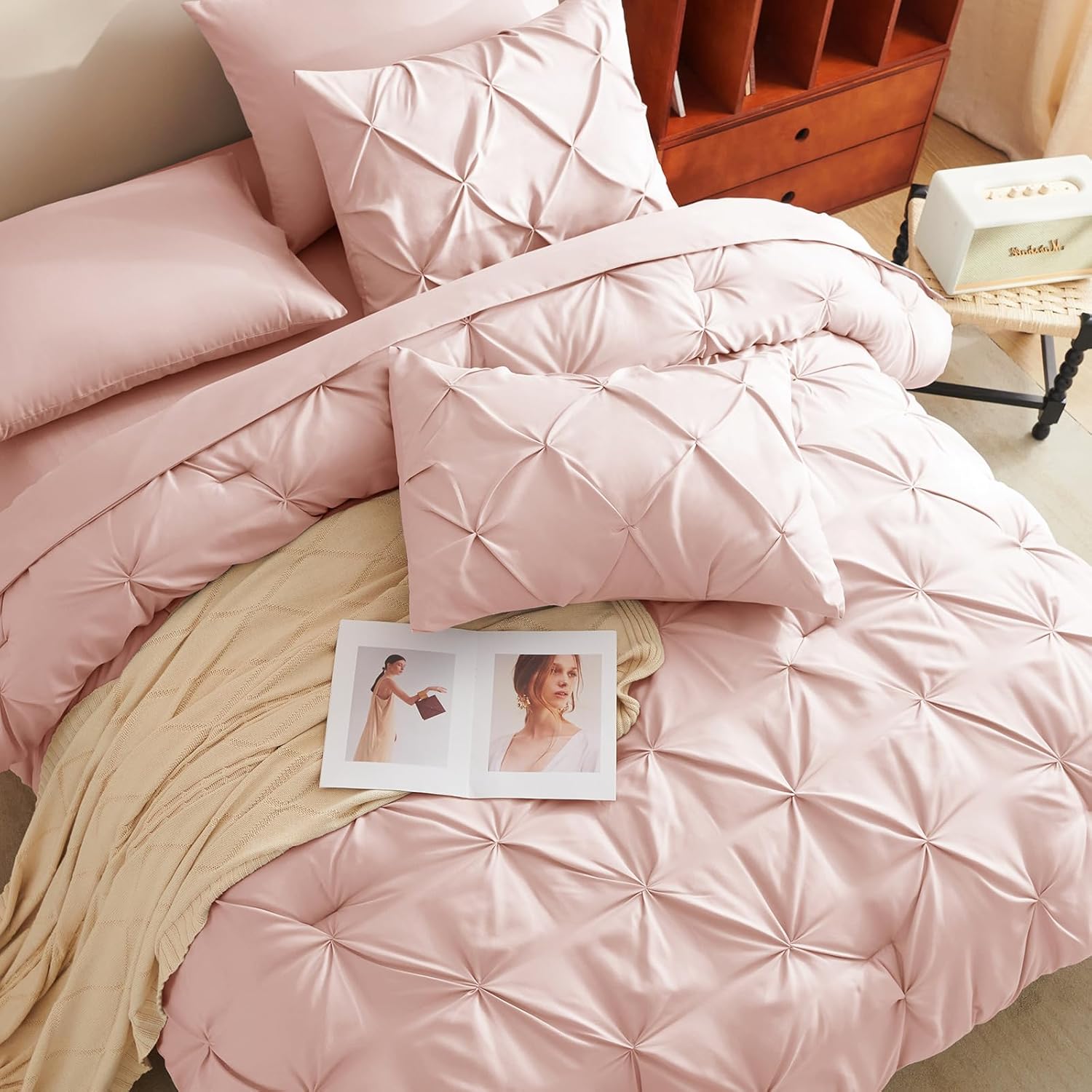 CozyLux Full Size Comforter Sets Blush Pink, 7 Pieces Pintuck Bed in A Bag Pink Comforter Full Size, Pinch Pleat Bedding Sets with All Season Comforter, Sheets, Pillowcases & Shams - Image 4