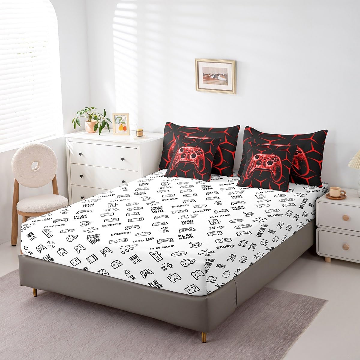 Feelyou Gamer Bedding Set Gamepad Comforter Set with Sheets 7 Piece for Boys Gaming Gifts Bed in a Bag Full Game Controller Red Bed Set with Comforter,Sheets,Cushion Covers - Image 5