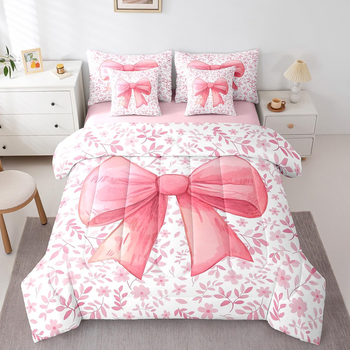 Erosebridal Kawaii Bowknot Girls Bed in A Bag with Sheets Dreamy Princess Style Twin Comforter Set 7 Piece for Kids Teen Women,Girly Cute Bow Bedding Set Pink Bow Tie Bed Set Bedroom Decor - Image 18