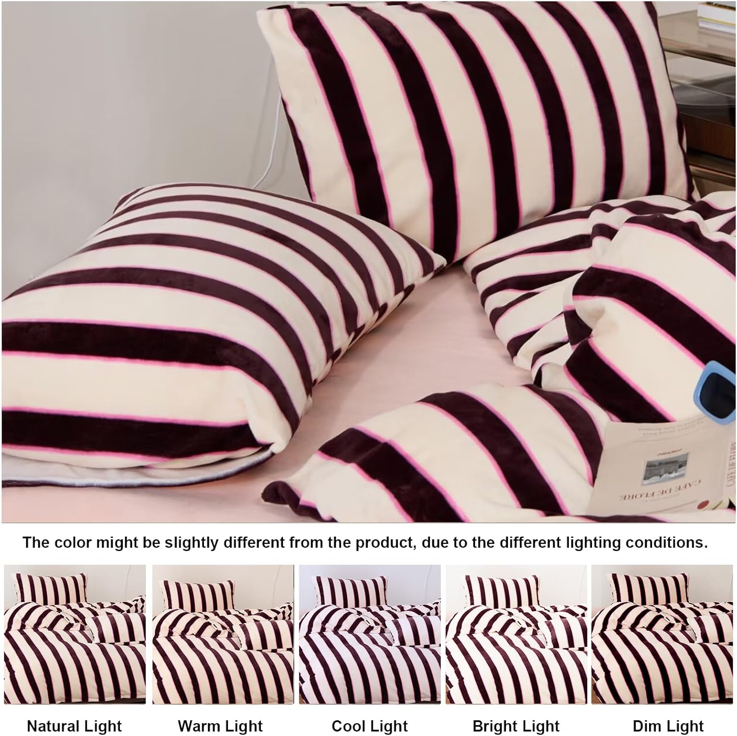 Bedbay Striped Queen Comforter Set Velvety Fleece Comforter Set Modern Style Striped Beding with 2 Pillowcases Lightweight 3 Pcs Boho Bedding Quilt Farmhouse Stripes Fluffy Bed Set for All Seasons - Image 6