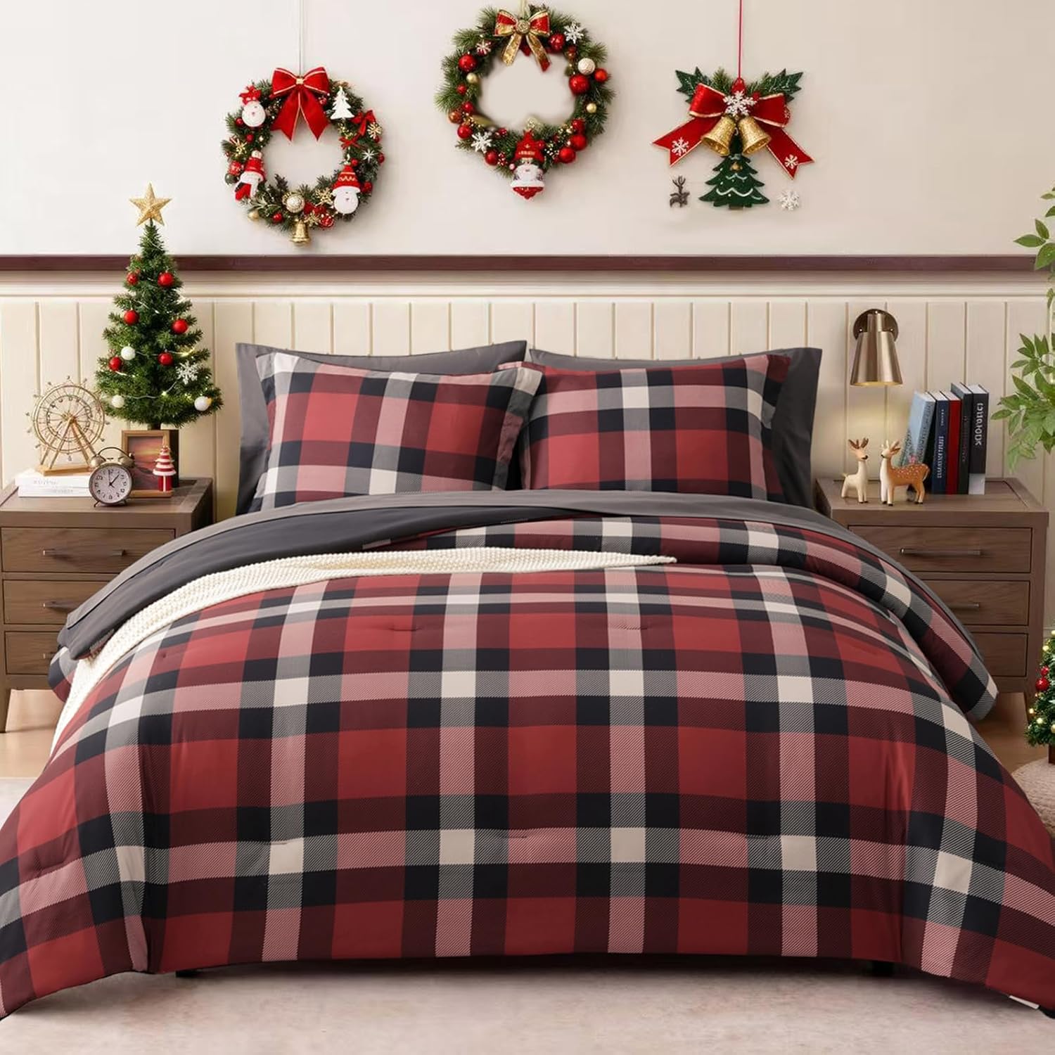 Full Size Comforter Sets, Khaki Green Plaid Bedding Set 7 Piece for Boys Girls Teen, Classic Homestead-Style Kids Comforter Set Bed in A Bag with Sheets, Pillowcases & Shams - Image 17