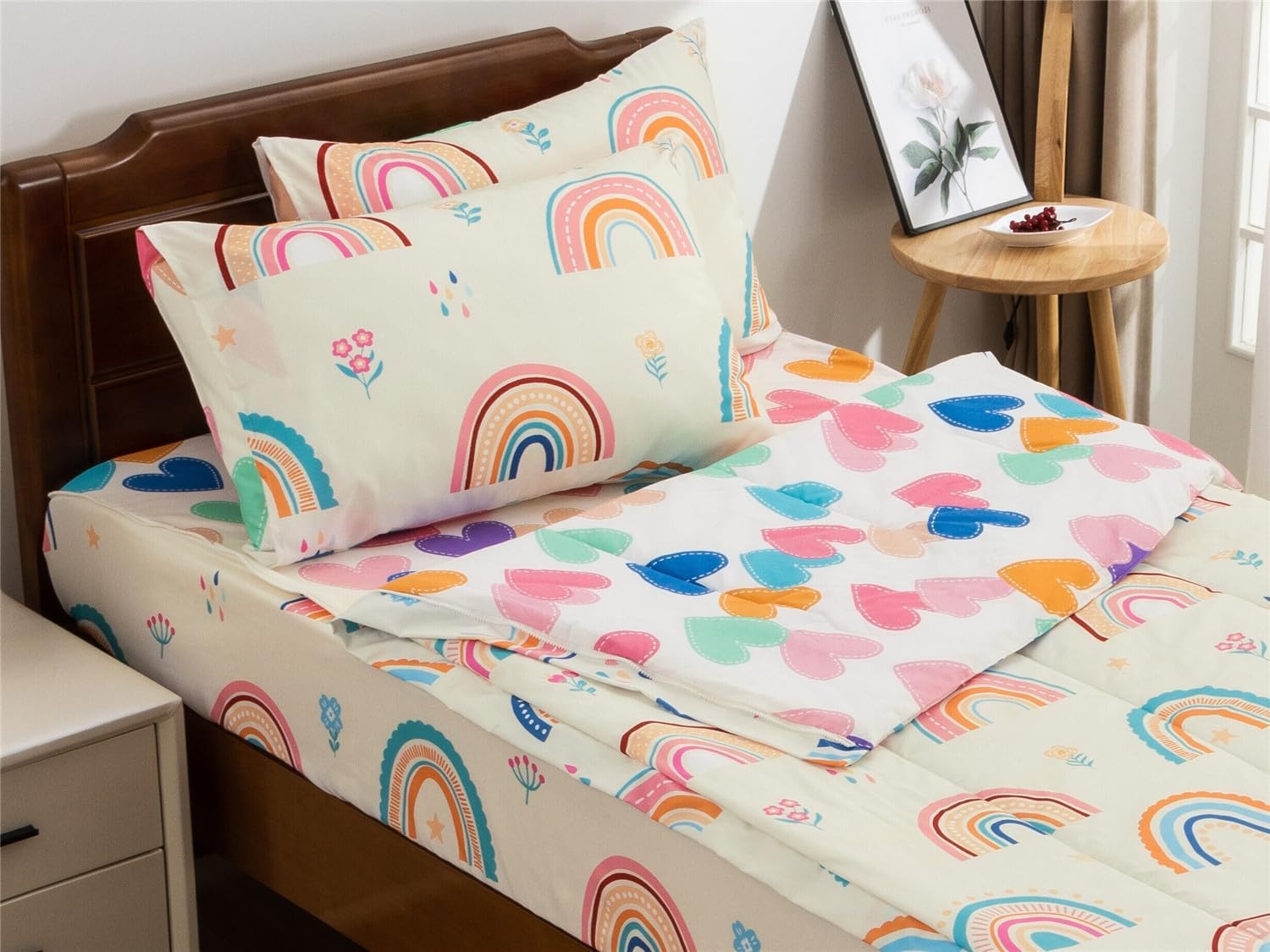 NTBED Rainbow Printed Zipper Bedding Sets Twin Lightweight Microfiber Heart Comforter Set with Fitted Sheet Pillow Covers,Beige