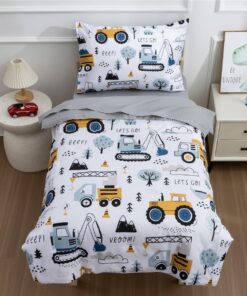NTBED 4 Pieces Construction Toddler Bedding Set for Baby Boys,Tree Truck Vehicles Excavator Cars Printed, Includes Comforter, Flat Sheet, Fitted Sheet and Pillowcase,Light Grey