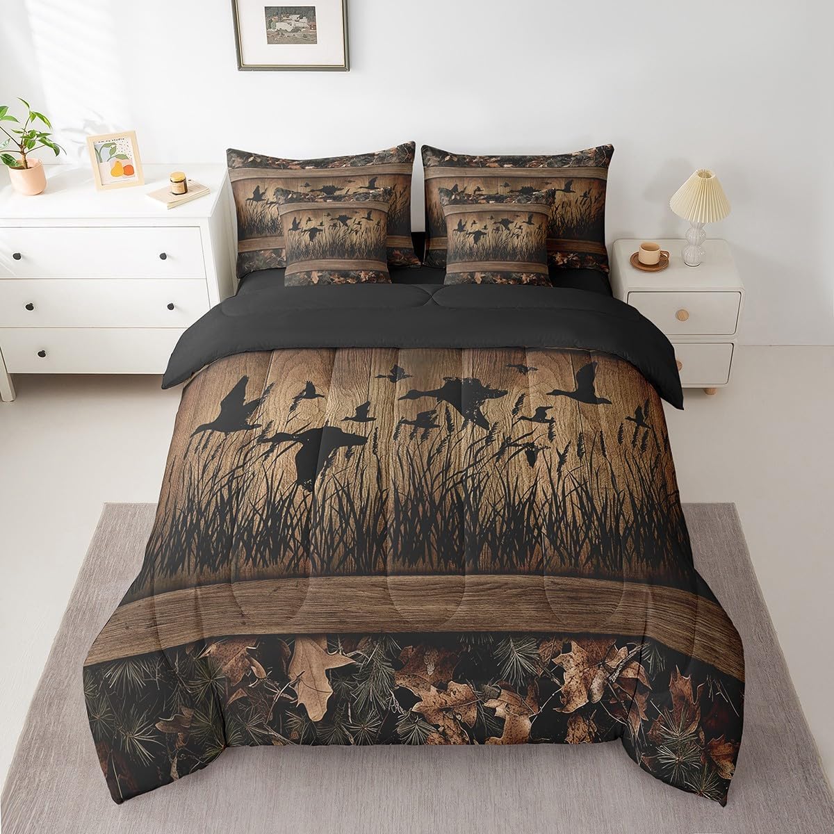 Erosebridal 7 Piece Camo Mallard Duck Comforter Set with Sheets for Kids Boys Men Rustic Farmhouse Cabin Bed in A Bag Queen,Hunting Woodland Duck Bedding Set Country Wood Board Animal Bed Set - Image 2