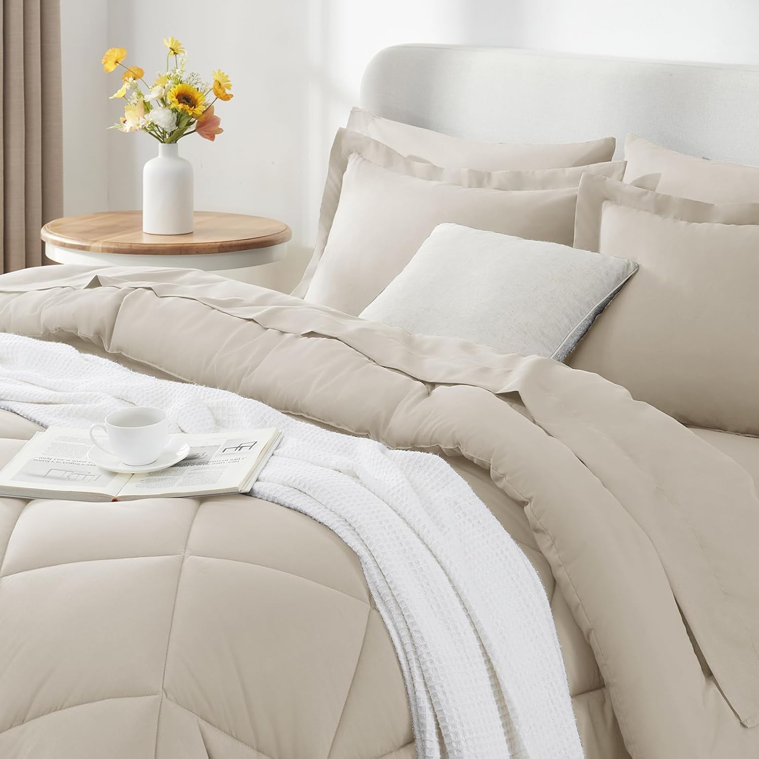 CozyLux Queen Comforter Set Beige - Bed in a Bag Queen Size 7 Pieces, Luxury Soft Bed Set for All Seasons, Bedding Set with Down Alternative Comforter, Sheets, Pillowcases & Shams - Image 3
