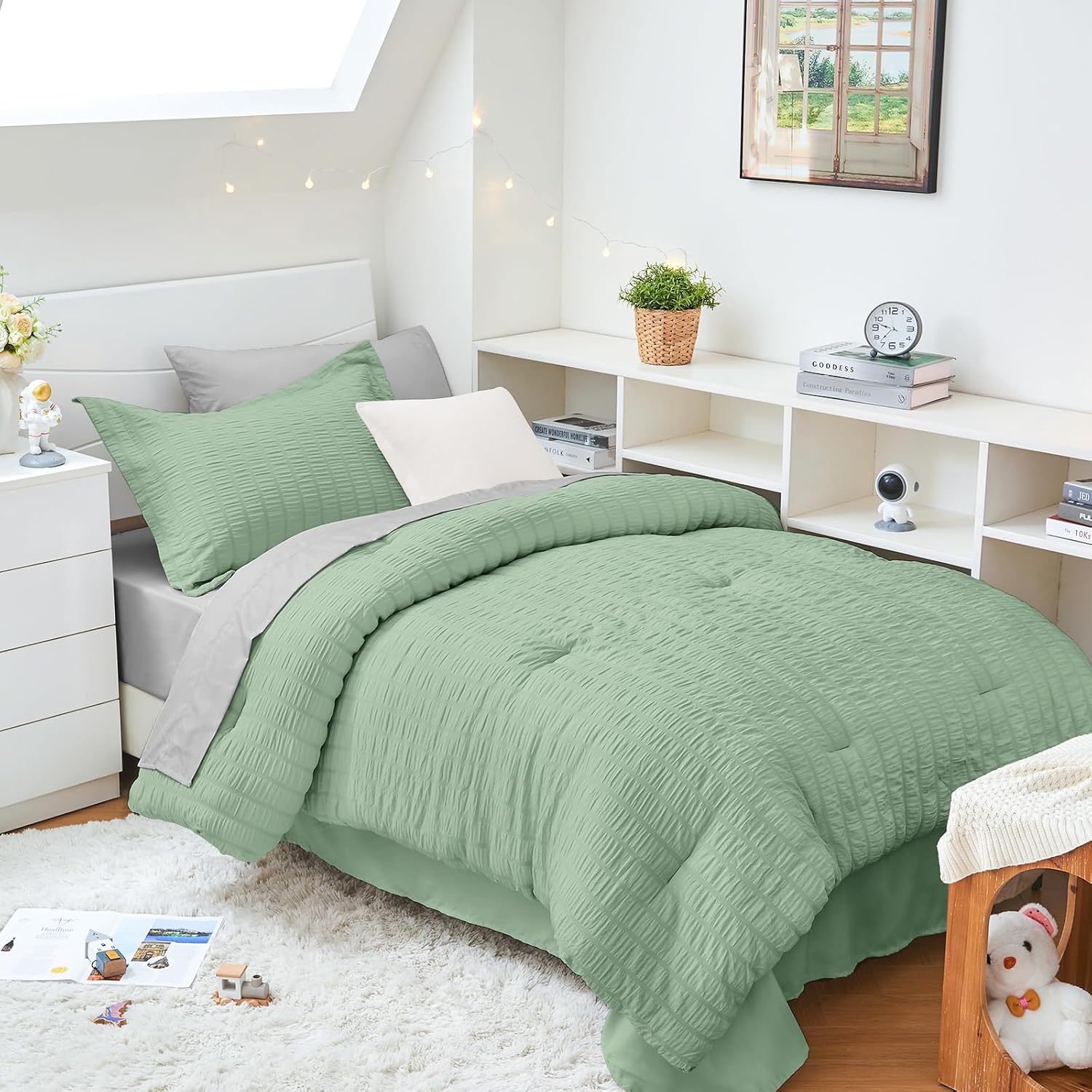 HYMOKEGE Queen Comforter Set Seersucker 7 Pieces, All Season Luxury Bed in a Bag for Bedroom, Bedding Set with Comforters, Sheets, Pillowcases & Shams, Dark Grey - Image 45