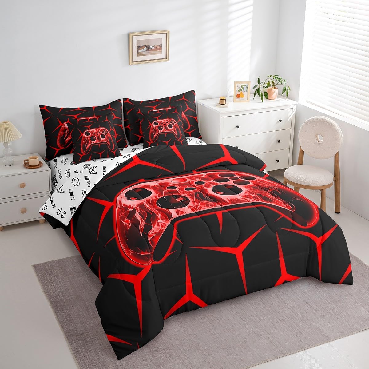 Feelyou Gamer Bedding Set Gamepad Comforter Set with Sheets 7 Piece for Boys Gaming Gifts Bed in a Bag Full Game Controller Red Bed Set with Comforter,Sheets,Cushion Covers - Image 2