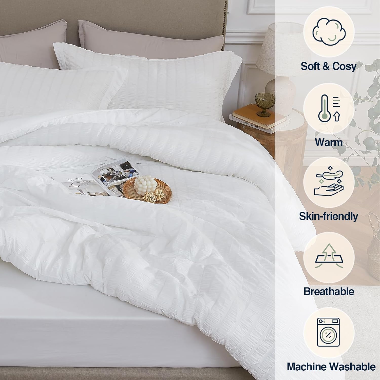 White Queen Comforter Set - 3 Pieces Seersucker Lightweight Bedding Comforter Sets (1 Soft Fluffy Comforter & 2 Pillowcases) - All Seasons Cozy Modern Bed Sets - Image 4