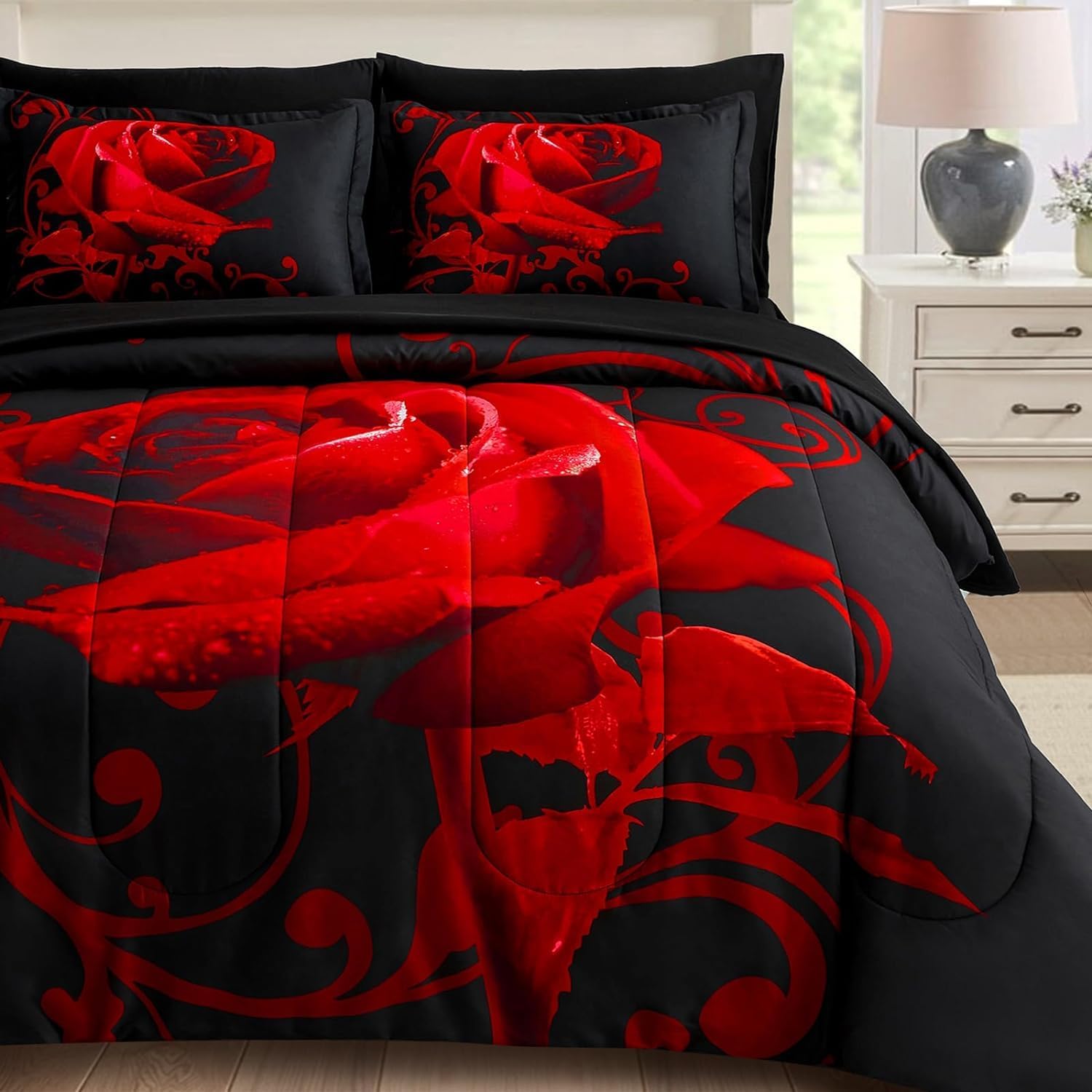 WONGS BEDDING Red Comforter Set Queen, Reversible Red Rose 7 Pieces Bed in a Bag, Lightweight Soft Microfiber Bedding Sets with Comforter, Flat Sheet, Fitted Sheet, Pillowcases & Shams - Image 8
