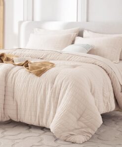 MUXHOMO 7 Pieces Queen Comforter Set, Seersucker Bed in a Bag Queen Size, All Season Luxury Bedding Set with Comforter, Flat Sheet, Fitted Sheet, Pillowcases & Shams, Beige