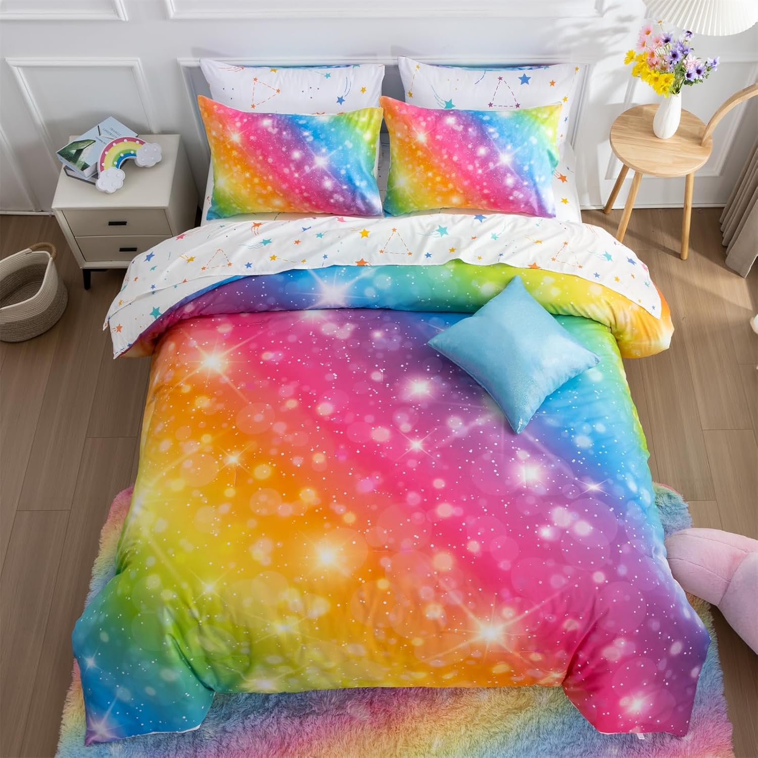 A Nice Night 6Pcs Gradient Glitter Bedding Set for Girls Full Size, Colorful Rainbow Galaxy Comforter Set, Ultra Soft Bedding Sets, Pink - Image 17