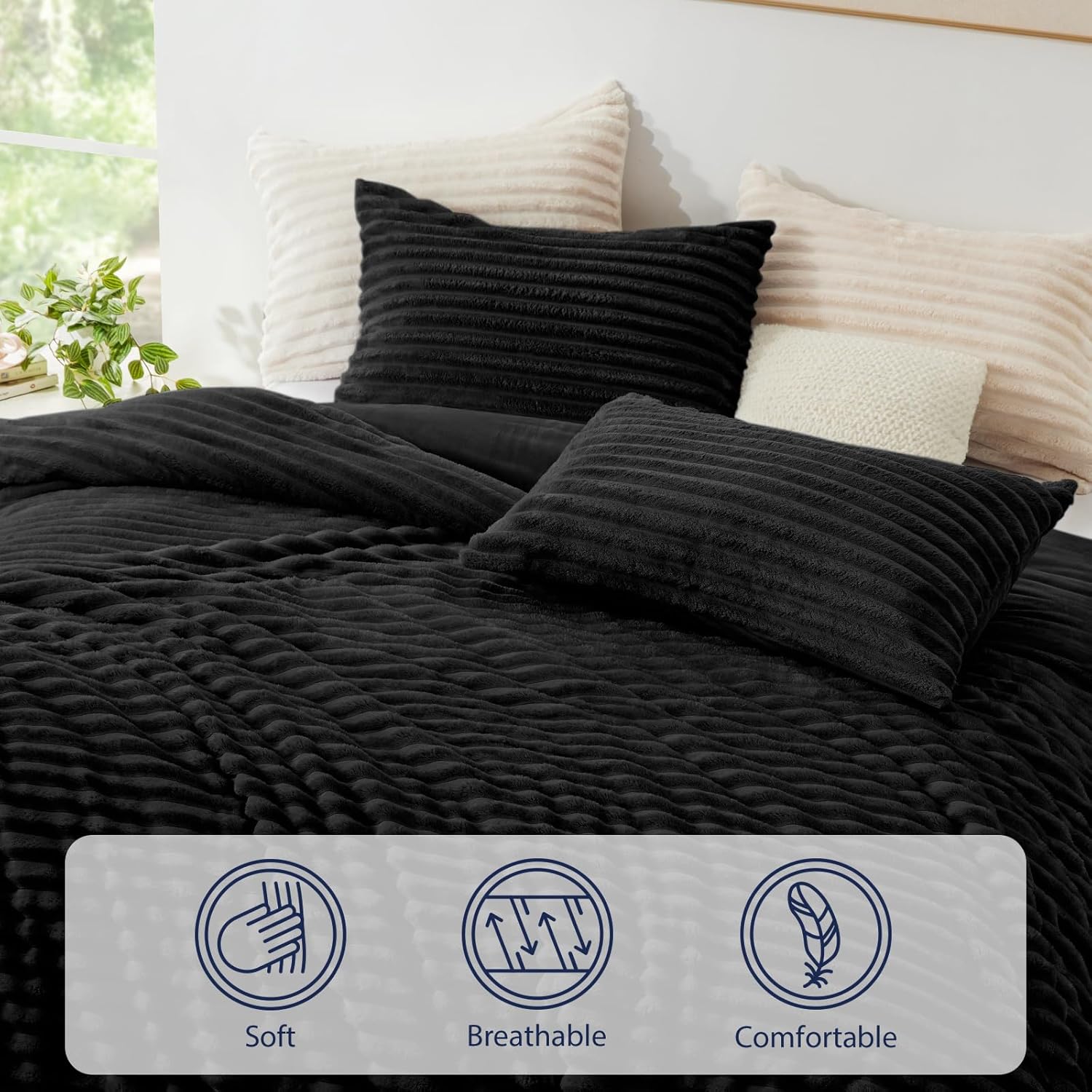 EXQ Home Fluffy Comforter Set Queen Size - Super Soft Faux Fur Stripe Jacquard Comforter 3 Pieces, Black Fleece Bedding Set,Winter Warm Bed Set,1 Comforter with 2 Pillowcases - Image 6