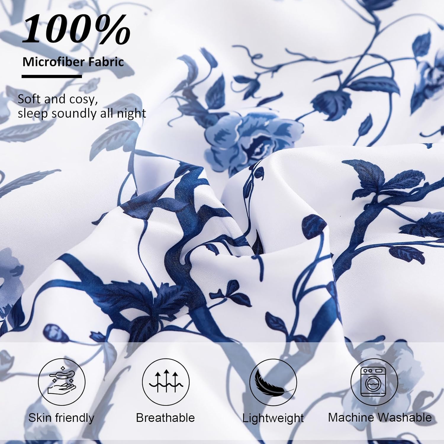 Dobuyly Floral Queen Comforter Set, 7 Piece Bed in a Bag Queen Size Blue Flowers on White Botanical Bedding Set, Soft Microfiber Bedding Comforter Sets with Sheets for All Season - Image 5