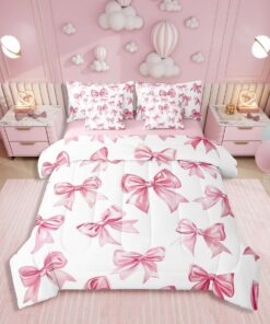 Erosebridal Kawaii Bowknot Girls Bed in A Bag with Sheets Dreamy Princess Style Twin Comforter Set 7 Piece for Kids Teen Women,Girly Cute Bow Bedding Set Pink Bow Tie Bed Set Bedroom Decor