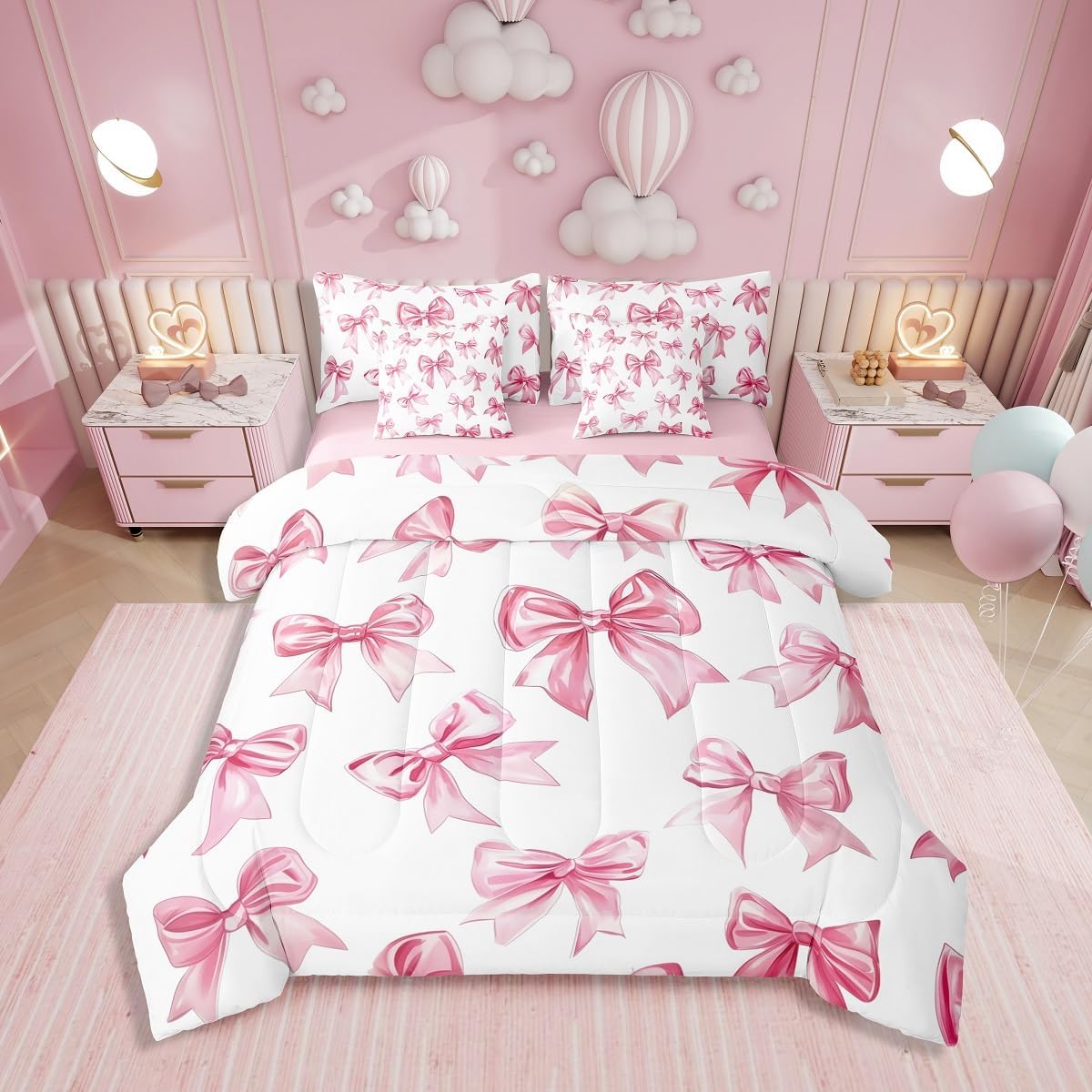 Erosebridal Kawaii Bowknot Girls Bed in A Bag with Sheets Dreamy Princess Style Twin Comforter Set 7 Piece for Kids Teen Women,Girly Cute Bow Bedding Set Pink Bow Tie Bed Set Bedroom Decor