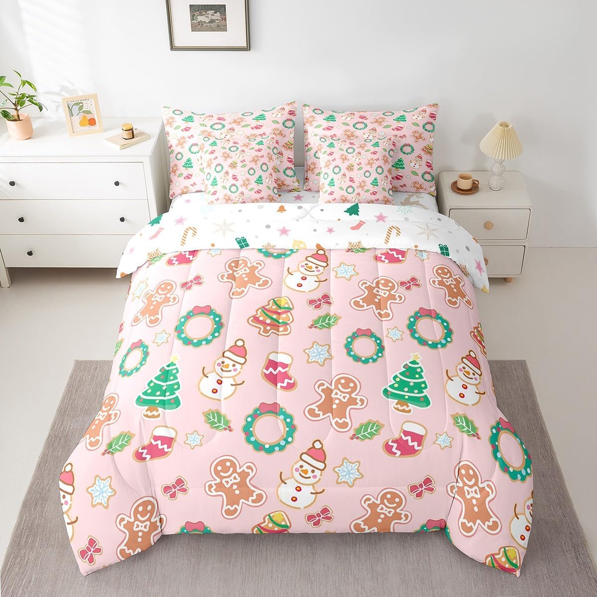 Pink Christmas 7 Piece Bedding Set Full Size Merry Christmas Snowman Bed in a Bag for Boys Girls Bedroom Decor Santa Claus Comforter Set with Sheets,Pillowcases & Cushion Cover Soft Xmas Tree Deer - Image 26