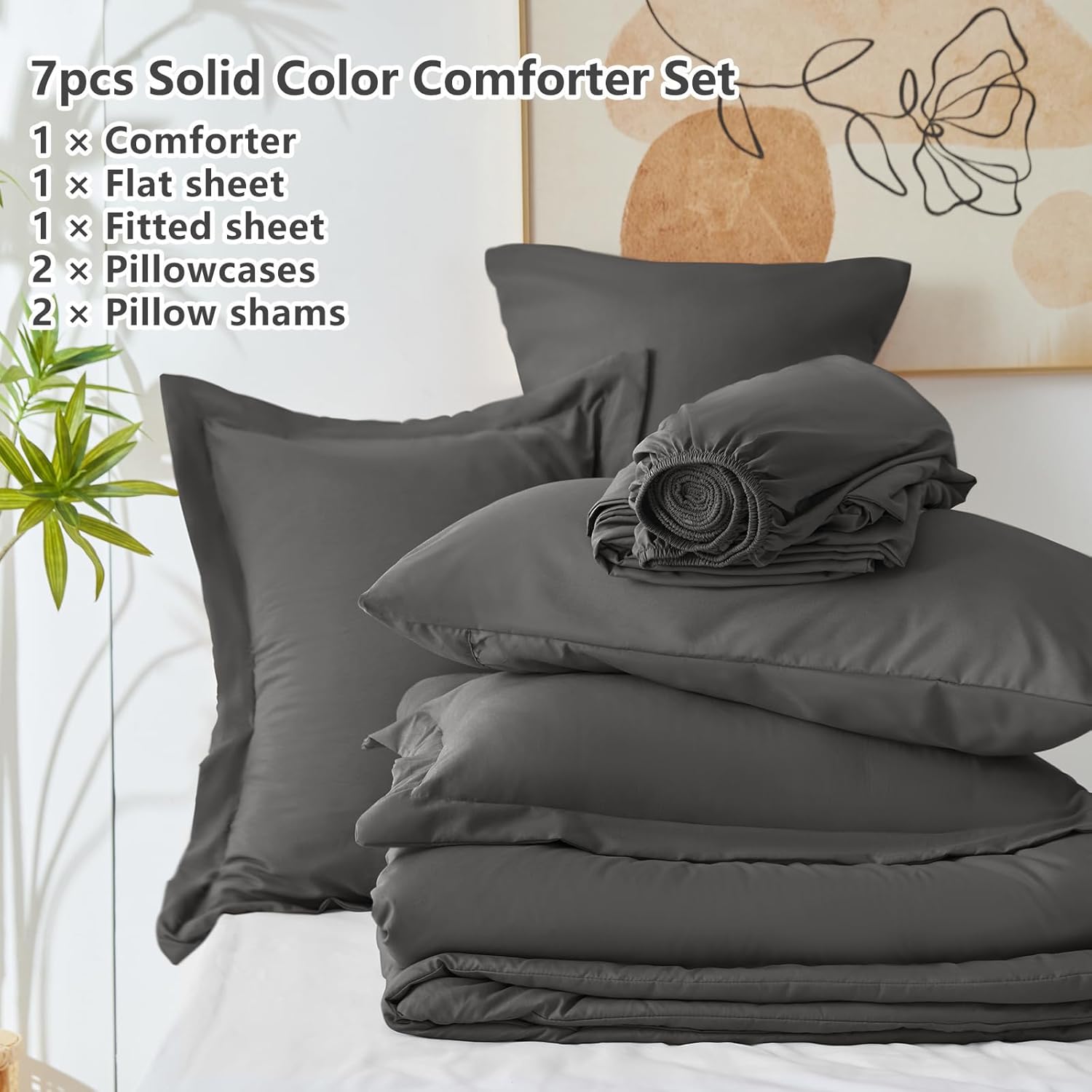 Dark Grey Queen Comforter Set, 7 Pieces Bed in a Bag Queen Lightweight Bedding Set, All Season Soft 7PC Bed Set with Comforter, Flat Sheet, Fitted Sheet, Pillowcases & Pillow Shams - Image 5