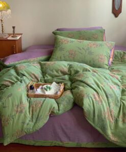VM VOUGEMARKET Linen Cotton Jacquard Duvet Cover Queen,3 Pcs Yarn-Dyed Textured Duvet Cover Set Green Purple Floral Bedding Breathable, Natural Wrinkled Look-No Comforter