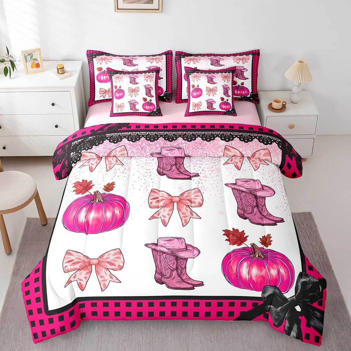 Erosebridal Kawaii Bowknot Girls Bed in A Bag with Sheets Dreamy Princess Style Twin Comforter Set 7 Piece for Kids Teen Women,Girly Cute Bow Bedding Set Pink Bow Tie Bed Set Bedroom Decor - Image 20