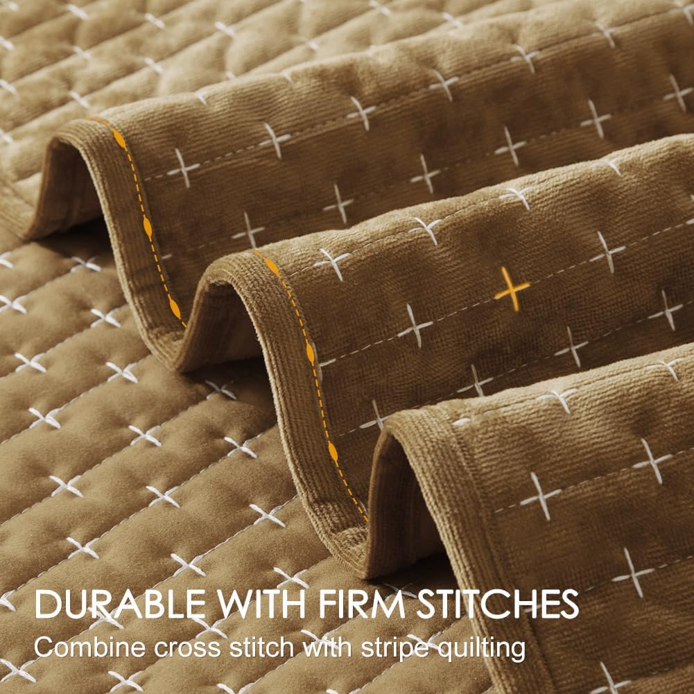 Powdion Velvet Quilt King Size,Bedspread Quilted Bedding Set,Luxurious Soft Coverlet Set Lightweight Velvet Comforter with Pillow Shams, Gold Caramel,96x106 Cross Stitch Striped Quilt Set - Image 5