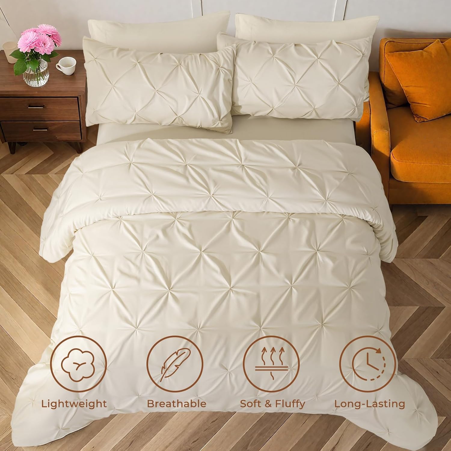 Sasttie Queen Comforter Set, 7-Piece Bed in a Bag, Pintuck Bedding Sets for All Season, Includes Comforter, Flat Sheet, Fitted Sheet, Pillowcases and Pillowshams, Beige - Image 2
