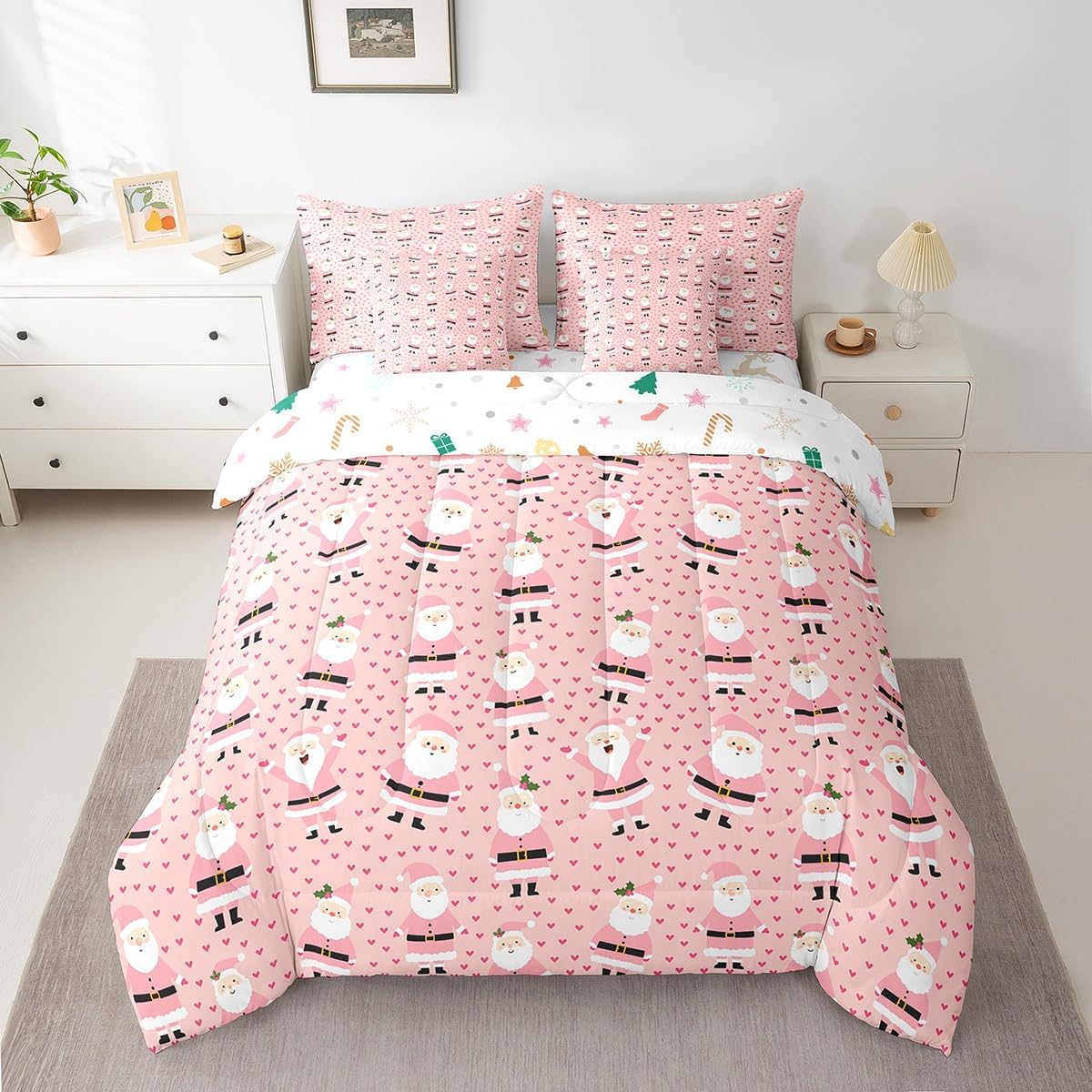 Pink Christmas 7 Piece Bedding Set Full Size Merry Christmas Snowman Bed in a Bag for Boys Girls Bedroom Decor Santa Claus Comforter Set with Sheets,Pillowcases & Cushion Cover Soft Xmas Tree Deer - Image 8