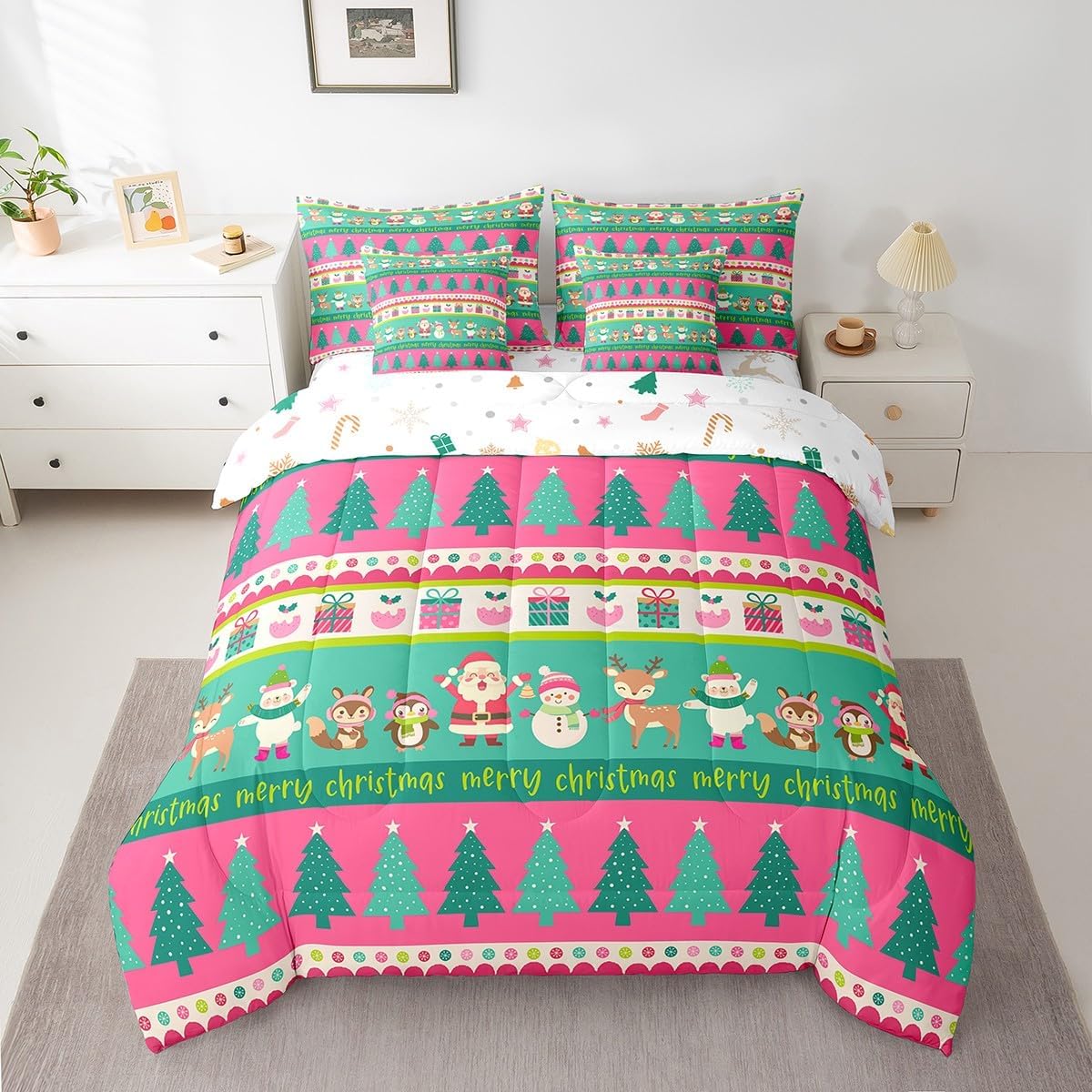Pink Christmas 7 Piece Bedding Set Full Size Merry Christmas Snowman Bed in a Bag for Boys Girls Bedroom Decor Santa Claus Comforter Set with Sheets,Pillowcases & Cushion Cover Soft Xmas Tree Deer - Image 33