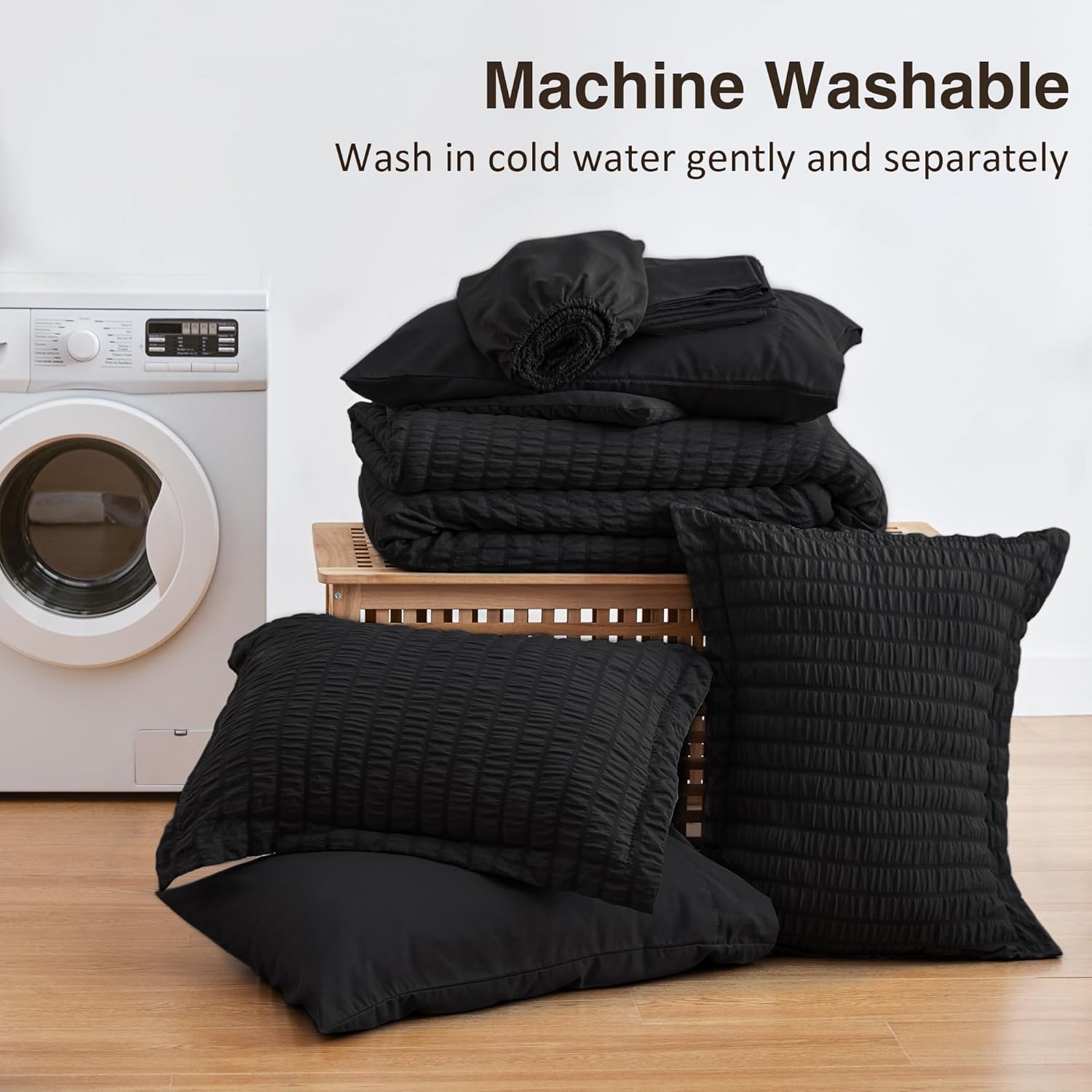 Love's cabin Seersucker Black 7 Pieces Comforter Set Full, All Season Lightweight Bedding Set, Full Bed in a Bag Comforter Set with Comforter, Flat Sheet, Fitted Sheet, Pillowcase and Pillow Sham - Image 6